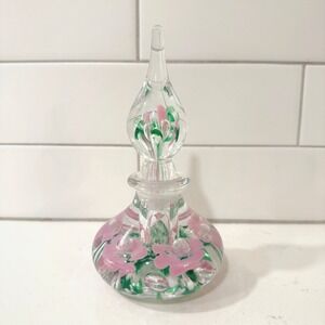 Gibson‎ Glass Pink Floral Art Glass Perfume Bottle with Stopper Signed 1990's